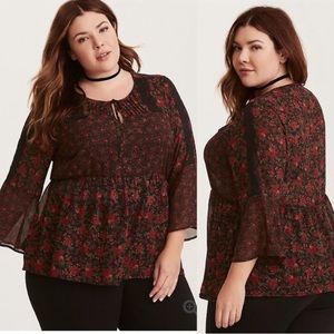 Torrid Black Red Floral Semi Sheer Boho Babydoll Blouse Women’s Size 0XL